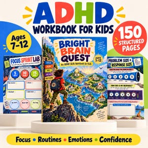 Könnte beinhalten: Ein Set aus drei ADHS-Arbeitsheften für Kinder im Alter von 7-12 Jahren mit den Titeln Bright Brain Quest, Focus Sprint Lab und Problem Size + Response Size. Die Bücher enthalten 150 strukturierte Seiten mit farbenfrohen Illustrationen, Diagrammen und Aktivitäten zur Förderung von Konzentration, Routinen, Emotionen und Selbstvertrauen.