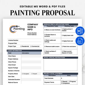 May include: A white painting proposal template with the text "PAINTING PROPOSAL" at the top. The document includes sections for company information, client details, and surface preparation tasks. Includes MS Word and PDF file icons.