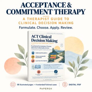 Op de afbeelding: Een digitale PDF-gids getiteld ACT Clinical Decision Making: Acceptance and Commitment Therapy. De omslag bevat een landschapsillustratie, tekst over functionele formulering en 58 geïllustreerde pagina's.