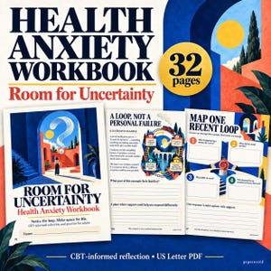 Può includere: Un quaderno di esercizi sull'ansia per la salute di 32 pagine intitolato Room for Uncertainty, con una copertina che mostra una persona sotto un arco e un grande punto interrogativo. Le pagine interne includono sezioni intitolate A Loop, Not a Personal Failure e Map One Recent Loop con righe per scrivere e suggerimenti numerati per la riflessione basata sulla TCC.