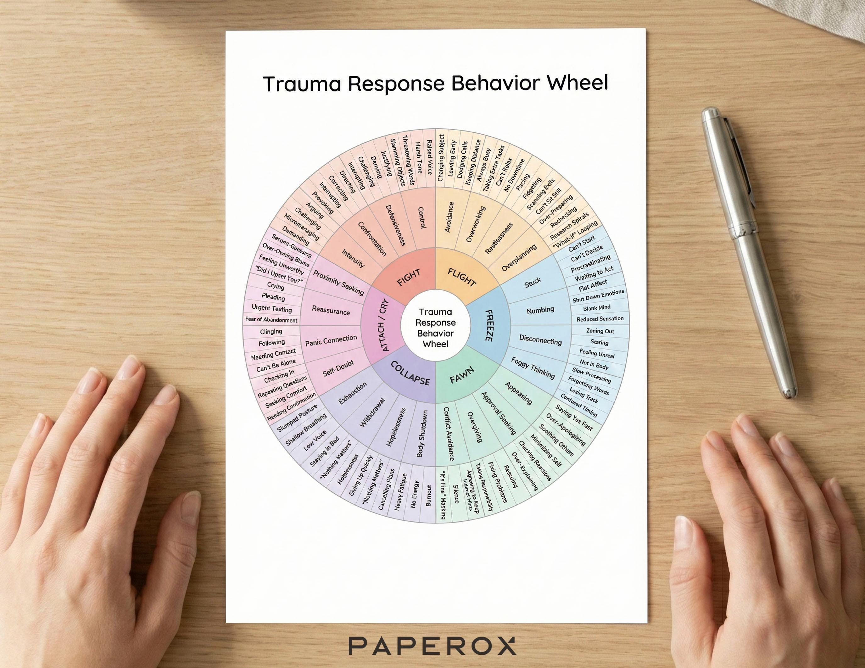Trauma Response Behavior Wheel Printable PDF | Trauma Triggers & Coping ...