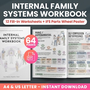 IFS-arbetsbok, arbetsblad för interna familjesystem, utskrivbart delar- och självledarskapshjul, mall för delkartläggning, terapiresurser i PDF-format