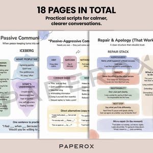 May include: A set of printable communication guides with the text "18 PAGES IN TOTAL" and "Practical scripts for calmer, clearer conversations." The guides cover topics like passive communication, repair & apology, and direct alternatives. A black pen rests on the right side.