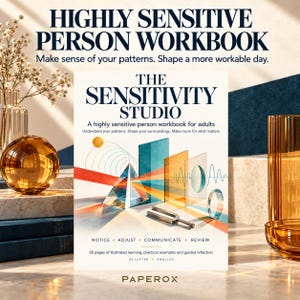 Puede incluir: El libro de ejercicios The Sensitivity Studio presenta una portada blanca con texto azul oscuro y una ilustración colorida de un prisma, formas geométricas y un diapasón. El texto dice: The Sensitivity Studio, A highly sensitive person workbook for adults, Notice, Adjust, Communicate, Review, 60 pages of illustrated learning, practical examples and guided reflection, US Letter, English, Paperox.