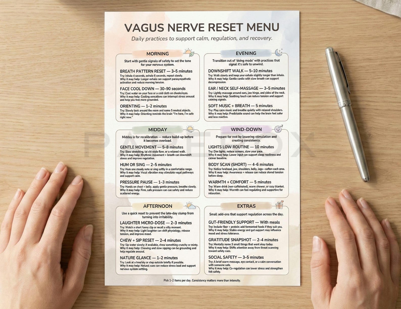 Vagus Nerve Reset Menu Printable PDF - Nervous System Regulation Cheat