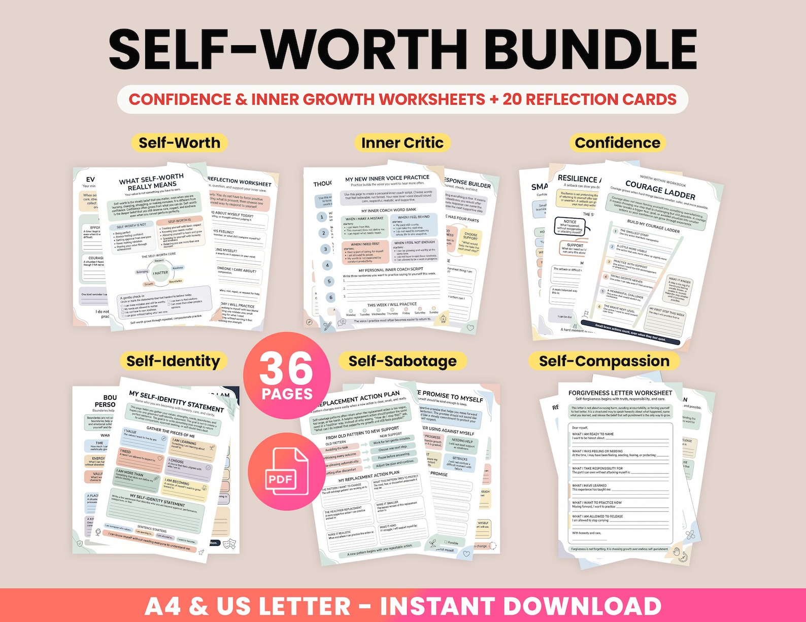 Self Worth Worksheets, Self Esteem Workbook & Reflection Cards, Teen ...