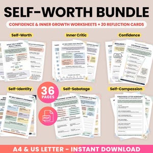 Op de afbeelding: Een bundel zelfhulpwerkbladen en reflectiekaarten getiteld "SELF-WORTH BUNDLE". De afbeelding toont verschillende pagina's met titels als "Self-Worth", "Inner Critic" en "Confidence". De bundel bevat 36 pagina's en is direct te downloaden in A4- en US Letter-formaten.