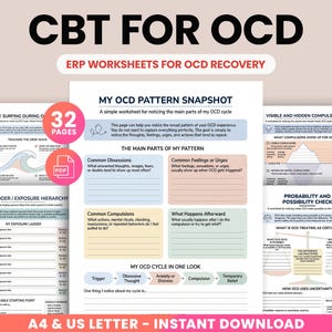 OCD-arbetsbladspaket: KBT-arbetsbok för vuxna, ERP-terapiutdelningsblad, förebyggande av exponeringsrespons, påträngande tankar, arbetsbok för ångest