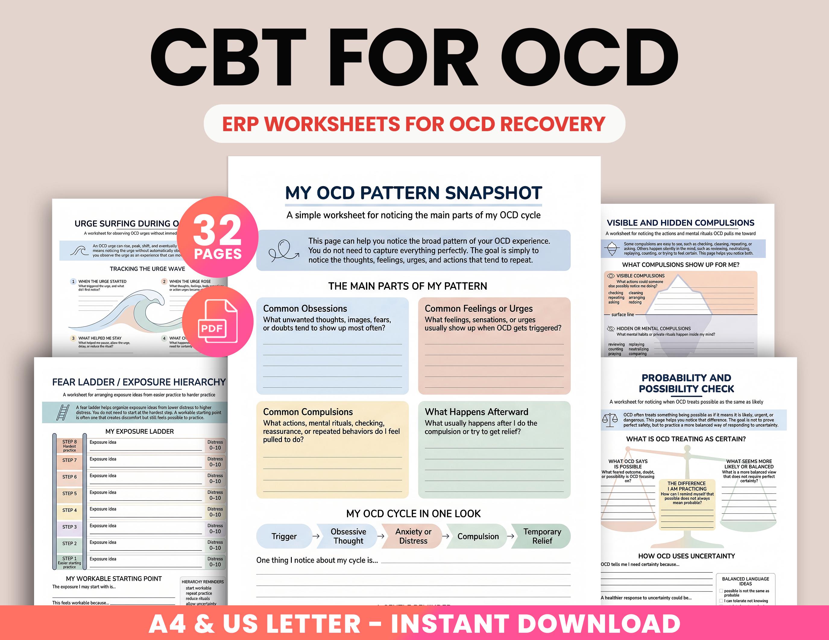 OCD Worksheets Bundle: CBT Workbook for Adults, ERP Therapy Handouts ...