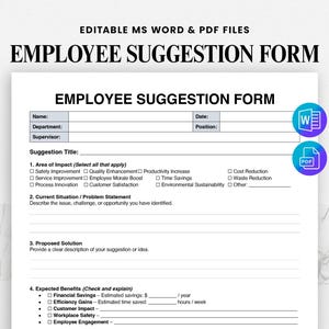 May include: A white Employee Suggestion Form with the title "EMPLOYEE SUGGESTION FORM" in bold black text. The form includes sections for name, department, and suggestion details. Icons for MS Word and PDF files are in the upper right.