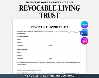 Revocable Living Trust, Living Trust Template, Revocable Trust Agreement, Revocable Trust Form, Living Trust Form,Living Trust Agreement PDF