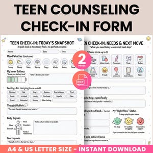Puede incluir: Un formulario de auto-evaluación para adolescentes imprimible de dos páginas. El formulario incluye secciones sobre estado de ánimo, sentimientos y necesidades. Disponible en tamaños A4 y US Letter. El texto incluye "Teen Counseling Check-In Form" y "Instant Download."