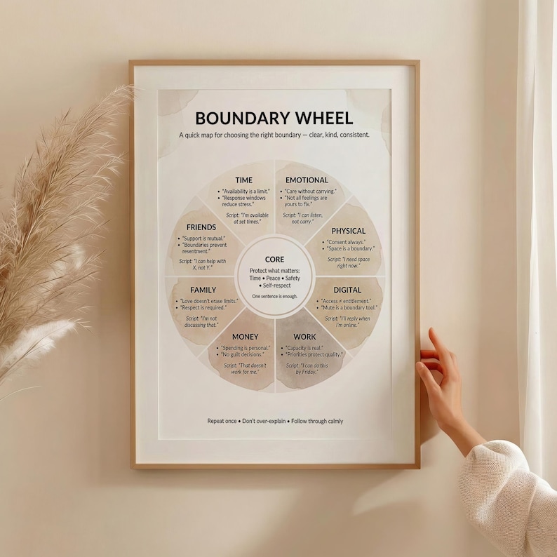 May include: A framed print titled "BOUNDARY WHEEL" with a diagram illustrating various aspects of setting boundaries. The diagram includes sections for time, emotional, friends, family, money, work, physical, and digital boundaries. The print is in a light-colored frame.