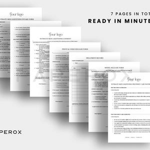 Puede incluir: Siete p&aacute;ginas en blanco y negro de un formulario titulado "Intimate Skin Lightening Intake Form". El formulario incluye secciones para la informaci&oacute;n del cliente, el historial m&eacute;dico y el consentimiento para el tratamiento. El formulario est&aacute; listo en minutos e incluye un logotipo que dice "Your Logo".