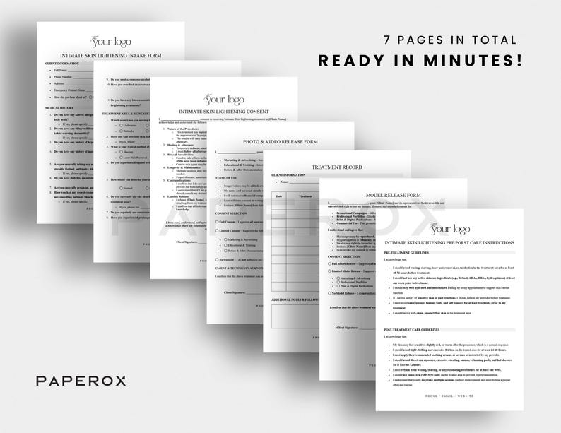 Puede incluir: Siete p&aacute;ginas en blanco y negro de un formulario titulado "Intimate Skin Lightening Intake Form". El formulario incluye secciones para la informaci&oacute;n del cliente, el historial m&eacute;dico y el consentimiento para el tratamiento. El formulario est&aacute; listo en minutos e incluye un logotipo que dice "Your Logo".