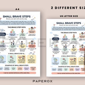 May include: Two educational posters with the title "SMALL BRAVE STEPS" and the text "Bravery can start with one tiny step." The posters are in A4 and US Letter sizes. The posters have a path with steps to help children manage worry.