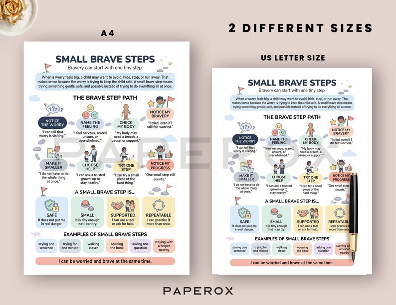 May include: Two educational posters with the title "SMALL BRAVE STEPS" and the text "Bravery can start with one tiny step." The posters are in A4 and US Letter sizes. The posters have a path with steps to help children manage worry.