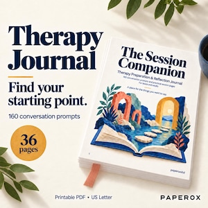 Peut inclure: Un journal de thérapie blanc intitulé The Session Companion avec 160 suggestions de conversation et 36 pages. La couverture présente une illustration de livre ouvert avec de l'eau bleue, des marches en pierre et des arches orange.