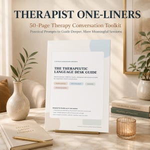 May include: A 50-page therapy conversation toolkit titled The Therapeutic Language Desk Guide. The white document features black text, pastel blue and pink accents, and lists session phrases, reflective inquiry, and process prompts.