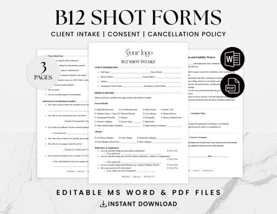 B12 Shot Client Intake Form - Vitamin Injection Client Waiver - Consent Form Template - Liability Waiver Form - Editable PDF Word - Etsy Canada B12 Shot Client Intake Form - Vitamin Injection Client Waiver - Consent Form Template - Liability Waiver Form - Editable PDF Word - Etsy Canada