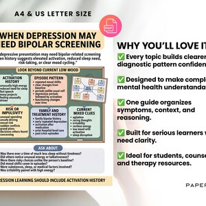 Puede incluir: Un documento educativo digital titulado When Depression May Need Bipolar Screening, que presenta secciones sobre historial de activaci&oacute;n, patrones de episodios, riesgos, antecedentes familiares y pistas mixtas, con un gr&aacute;fico y preguntas.