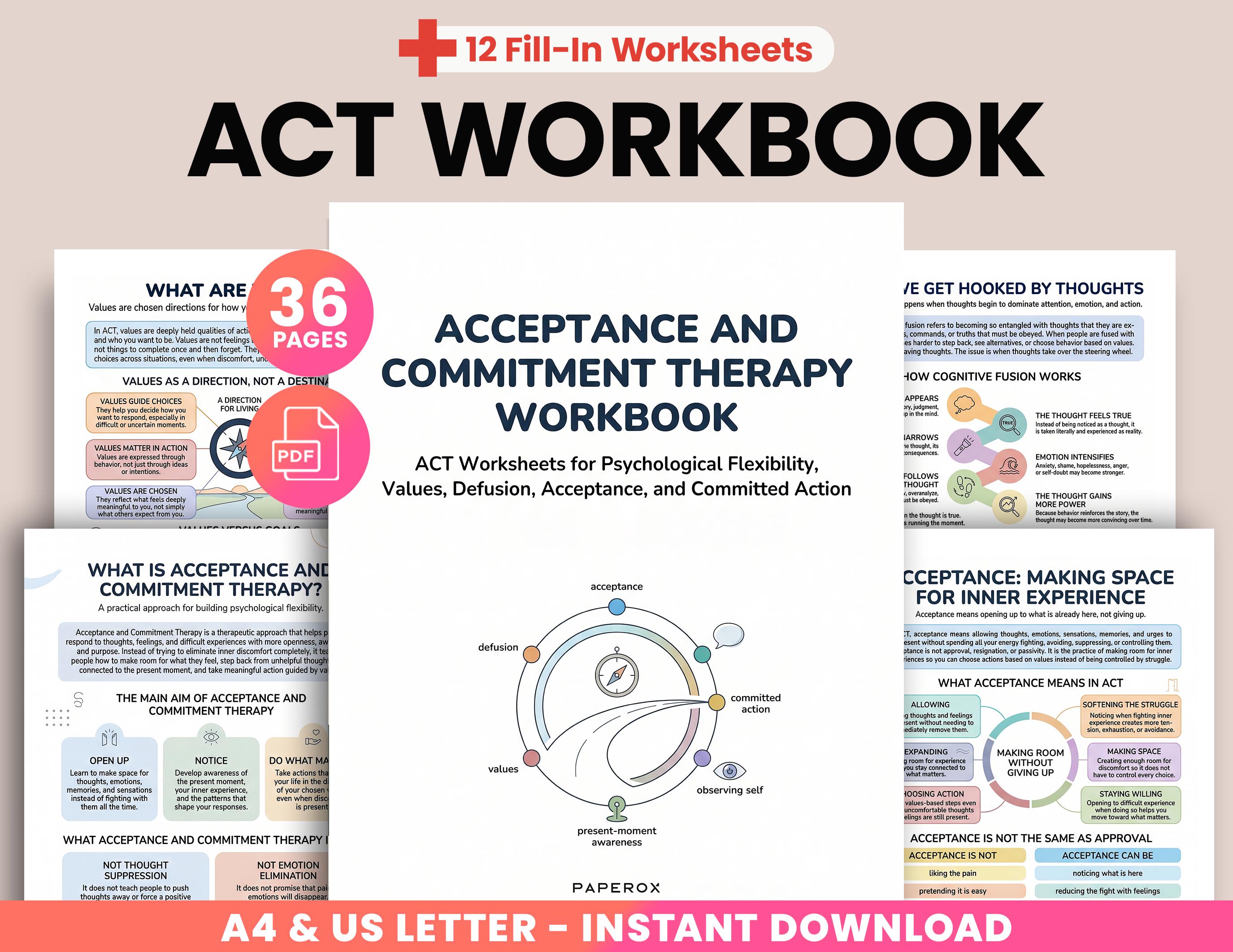 Printable ACT Therapy Workbook, Acceptance and Commitment Therapy ...
