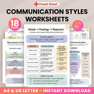 May include: A set of communication styles worksheets with the text "Cheat Sheet" and "Communication Styles Worksheets." The worksheets cover topics like de-escalation, boundaries, and assertive communication. Includes a PDF icon and the text "Instant Download."
