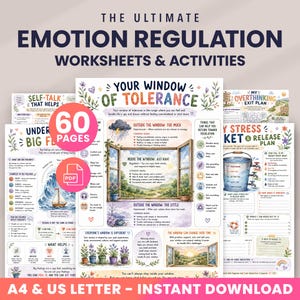 Può includere: Una raccolta di schede di lavoro e attività stampabili per la regolazione emotiva con titoli come Your Window of Tolerance, My Overthinking Exit Plan e My Stress Bucket and Release Plan. Le pagine includono illustrazioni, testo e diagrammi di supporto in formato A4 e US Letter.
