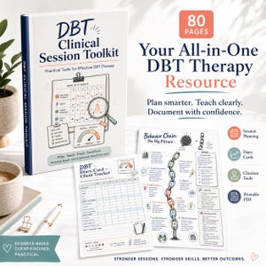 May include: A DBT Clinical Session Toolkit book with 80 pages, featuring a weekly tracker, behavior chain diagrams, and diary cards. The cover displays the title, a magnifying glass over a chart, and the text Plan, Teach, Track, Transform.