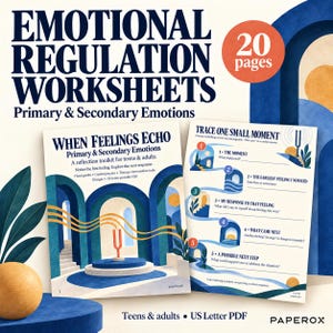 May include: A set of 20-page emotional regulation worksheets titled When Feelings Echo, featuring primary and secondary emotions. The document includes a reflection toolkit for teens and adults with visual guides, guided practice, and therapy conversation tools in a US Letter printable PDF format.