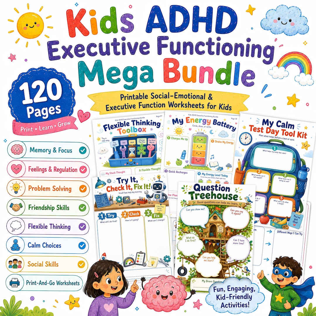 Kids ADHD Executive Functioning Workbook, Bundle ADHD Worksheets for ...