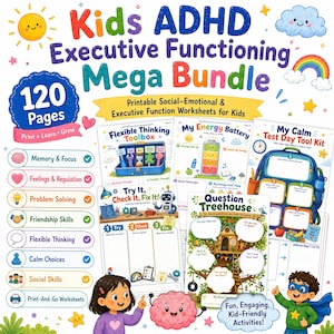 May include: A Kids ADHD Executive Functioning Mega Bundle with 120 pages of printable worksheets. The colorful cover features a sun, cloud, rainbow, and cartoon characters, displaying titles like Flexible Thinking Toolbox and My Energy Battery.