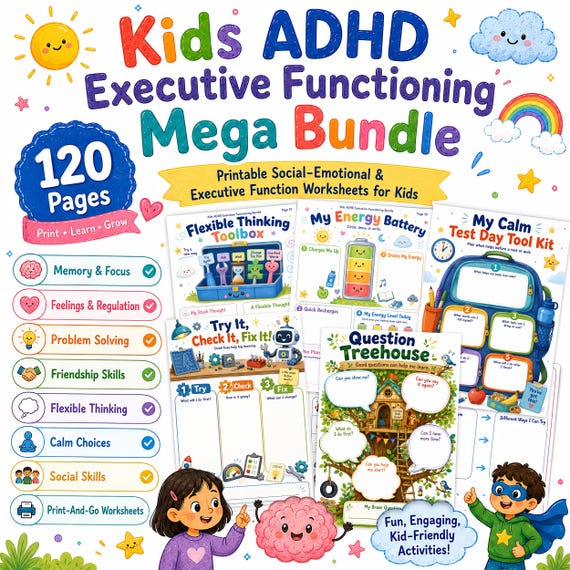 Kids ADHD Executive Functioning Workbook, Bundle ADHD Worksheets for Kids, Self Regulation, Focus, Social Skills, Children Therapy Printable