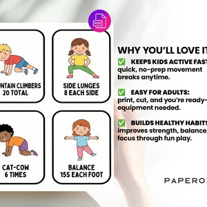 K&ouml;nnte beinhalten: Eine wei&szlig;e Karte mit &Uuml;bungsillustrationen f&uuml;r Kinder. Die Karte enth&auml;lt den Text "Mountain Climbers 20 Total", "Side Lunges 8 Each Side", "Cat-Cow 6 Times" und "Balance 15s Each Foot". Der Text "Why You'll Love It?" ist ebenfalls enthalten.