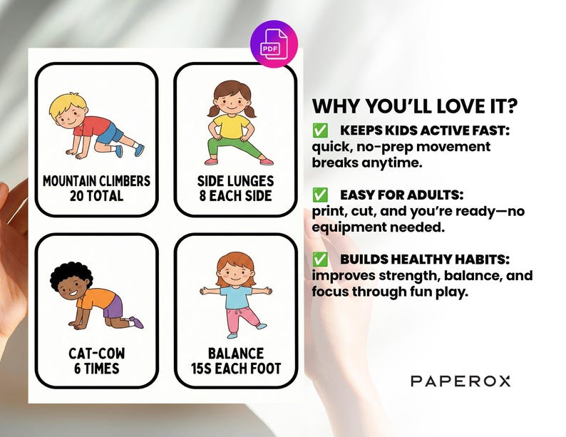 K&ouml;nnte beinhalten: Eine wei&szlig;e Karte mit &Uuml;bungsillustrationen f&uuml;r Kinder. Die Karte enth&auml;lt den Text "Mountain Climbers 20 Total", "Side Lunges 8 Each Side", "Cat-Cow 6 Times" und "Balance 15s Each Foot". Der Text "Why You'll Love It?" ist ebenfalls enthalten.