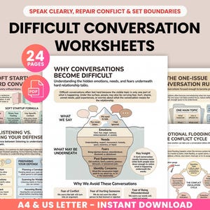 May include: A collection of printable worksheets titled "Difficult Conversation Worksheets" with the text "Speak Clearly, Repair Conflict & Set Boundaries." The worksheets cover topics like active listening, conflict resolution, and understanding emotions. The product is available as an instant download.
