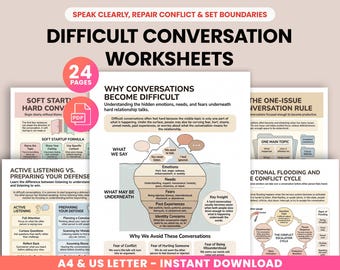 Difficult Conversation Worksheets for Couples Therapy, Assertive Communication, Relationship Boundaries & Conflict Resolution, Marriage Help