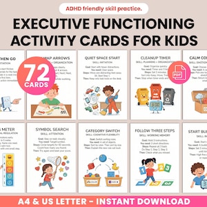 Puede incluir: Juego de 72 tarjetas de actividades educativas para niños, centrado en las habilidades de la función ejecutiva. Las tarjetas presentan ilustraciones y texto coloridos, con títulos como "Setup Then Go" y "Calm Corner Pick". Disponible en formatos A4 y US Letter.