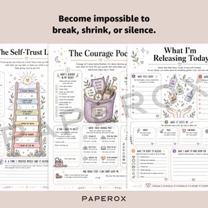 May include: Three printable worksheets titled The Self-Trust Ladder, The Courage Pocket, and What I'm Releasing Today. The pages feature pastel illustrations of a ladder, a pocket, and hands releasing tags, with text prompts for personal reflection.