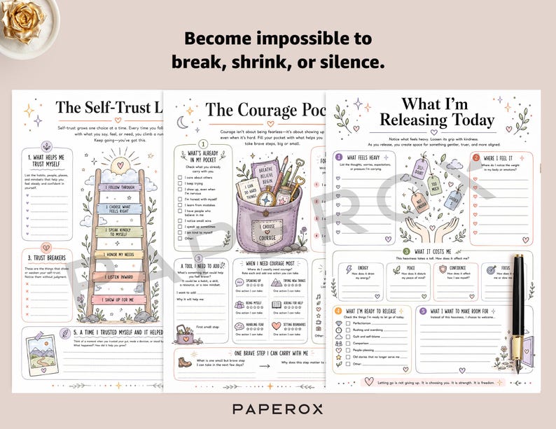 May include: Three printable worksheets titled The Self-Trust Ladder, The Courage Pocket, and What I'm Releasing Today. The pages feature pastel illustrations of a ladder, a pocket, and hands releasing tags, with text prompts for personal reflection.