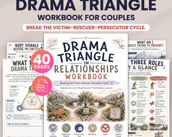 Puede incluir: Un libro de ejercicios digital titulado The Ultimate Drama Triangle Workbook for Couples, con 40 páginas en formatos A4 y US Letter. La portada muestra el texto Drama Triangle in Relationships Workbook con ilustraciones de un puente.