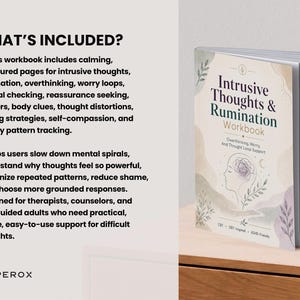 May include: A softcover workbook titled Intrusive Thoughts & Rumination Workbook with a beige cover featuring a line drawing of a head with a tangled mind, green leaf accents, and text detailing support for overthinking and thought loops.
