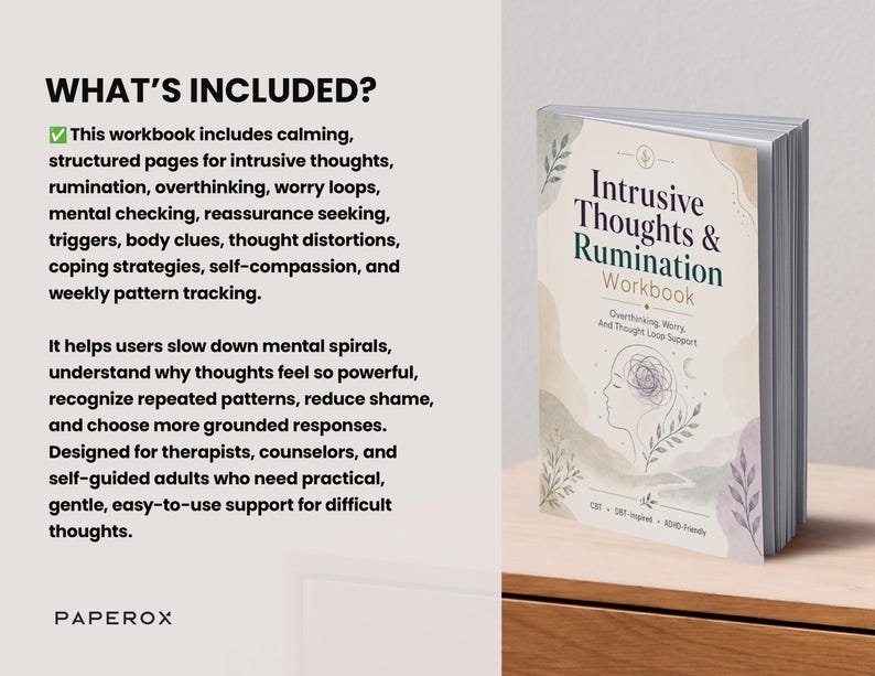 May include: A softcover workbook titled Intrusive Thoughts & Rumination Workbook with a beige cover featuring a line drawing of a head with a tangled mind, green leaf accents, and text detailing support for overthinking and thought loops.