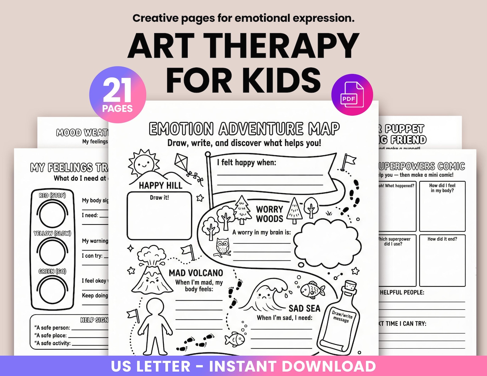 Art Therapy Worksheets for Kids - Children Feelings & Emotions, SEL