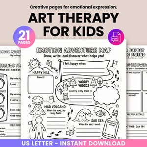 Puede incluir: Páginas de terapia artística para niños con el texto "ART THERAPY FOR KIDS". Las páginas incluyen un mapa de aventuras emocionales, el clima del estado de ánimo y un rastreador de sentimientos. Las páginas son en blanco y negro con ilustraciones.