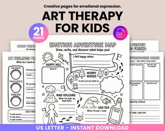 May include: Art therapy pages for kids with the text "ART THERAPY FOR KIDS". The pages include an emotion adventure map, mood weather, and feeling tracker. The pages are black and white with illustrations and the text "US LETTER - INSTANT DOWNLOAD".