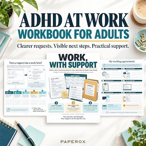 Arbetsbok för vuxna med ADHD på jobbet, arbetsblad om exekutiva funktioner, arbetsplanerare, uppgiftsinitiering, mötesanteckningar, stöd på arbetsplatsen, 60-sidig PDF