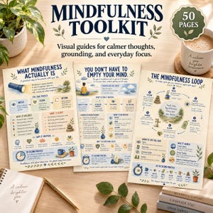 Può includere: Un kit di strumenti per la consapevolezza con 50 pagine di guide visive. Tre fogli stampati mostrano diagrammi e testo intitolati What Mindfulness Actually Is, You Don't Have To Empty Your Mind e The Mindfulness Loop, con colori tenui.