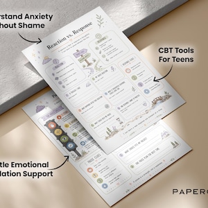 May include: Two white paper worksheets featuring black text and colorful illustrations. The top sheet is titled Reaction vs. Response and includes sections for triggers, quick reactions, and response clues. The bottom sheet details pause skills.
