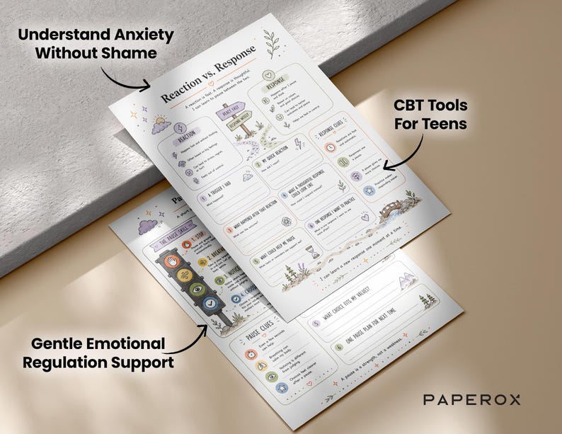 May include: Two white paper worksheets featuring black text and colorful illustrations. The top sheet is titled Reaction vs. Response and includes sections for triggers, quick reactions, and response clues. The bottom sheet details pause skills.